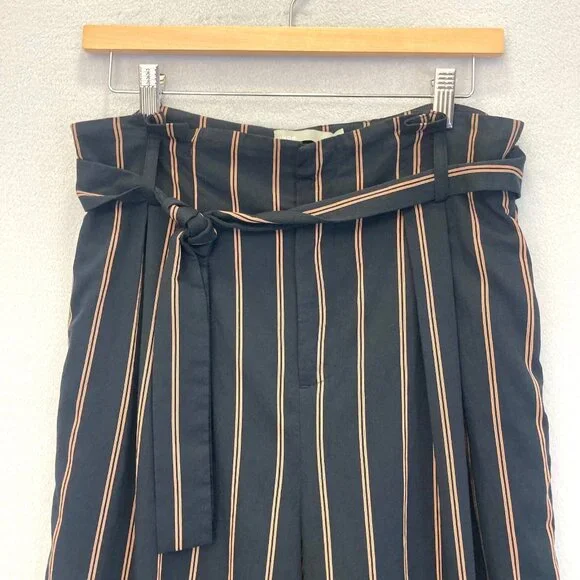 Vince Wide Leg Paperbag Belted Dress Pants Womens 6 Blue Striped Preppy Crepe
